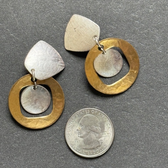 VINTAGE MB SF Earrings Clip Hammered Two Tone Metal Modern Geometric Lightweight - Picture 3 of 7